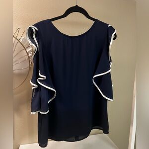 Elegant Navy Frank Lyman Party Flutter Sleeve Classic Shirt Blouse Size 12